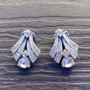 Bogoff Earrings Silvertone Crystals Vintage Clip 1960’s